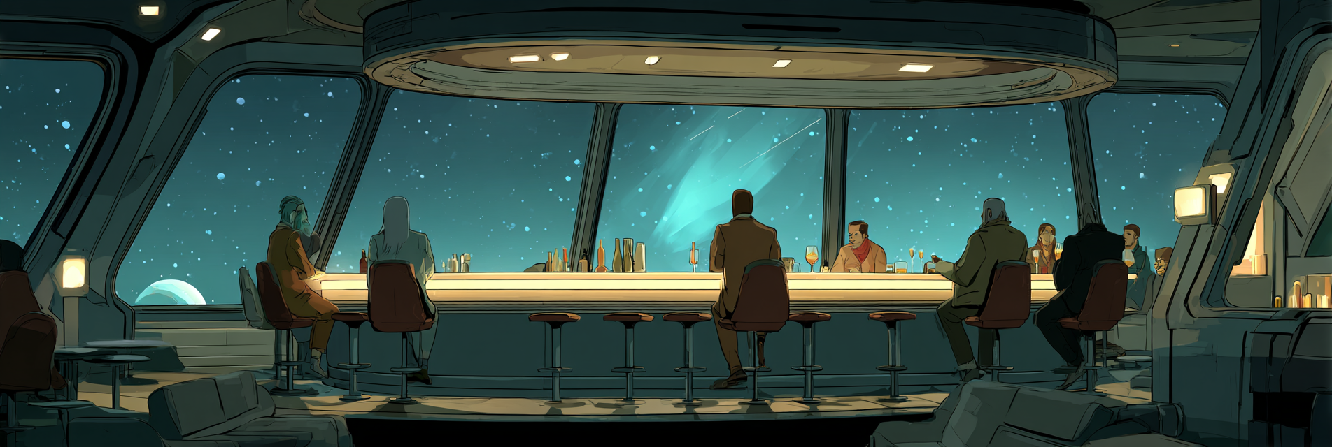 explorers gather around the bar in the lounge of a spaceship, staring off into the universe